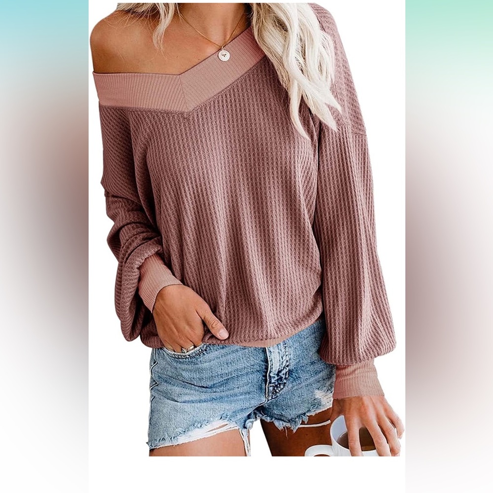 Adreamly Women's V Neck Long Sleeve Top Off Shoulder Oversized Pullover Sweater